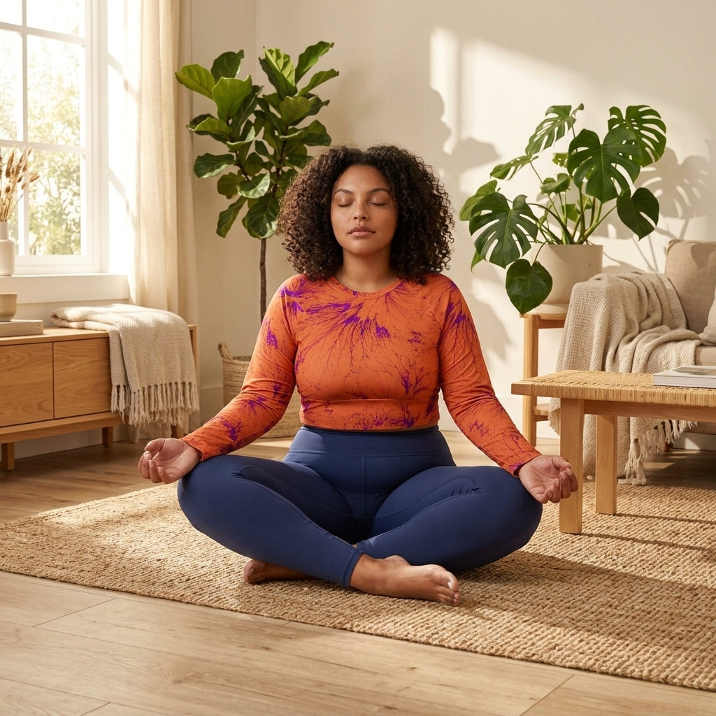 Model in seated lotus pose wearing Admire Orange Purple Wing crop top