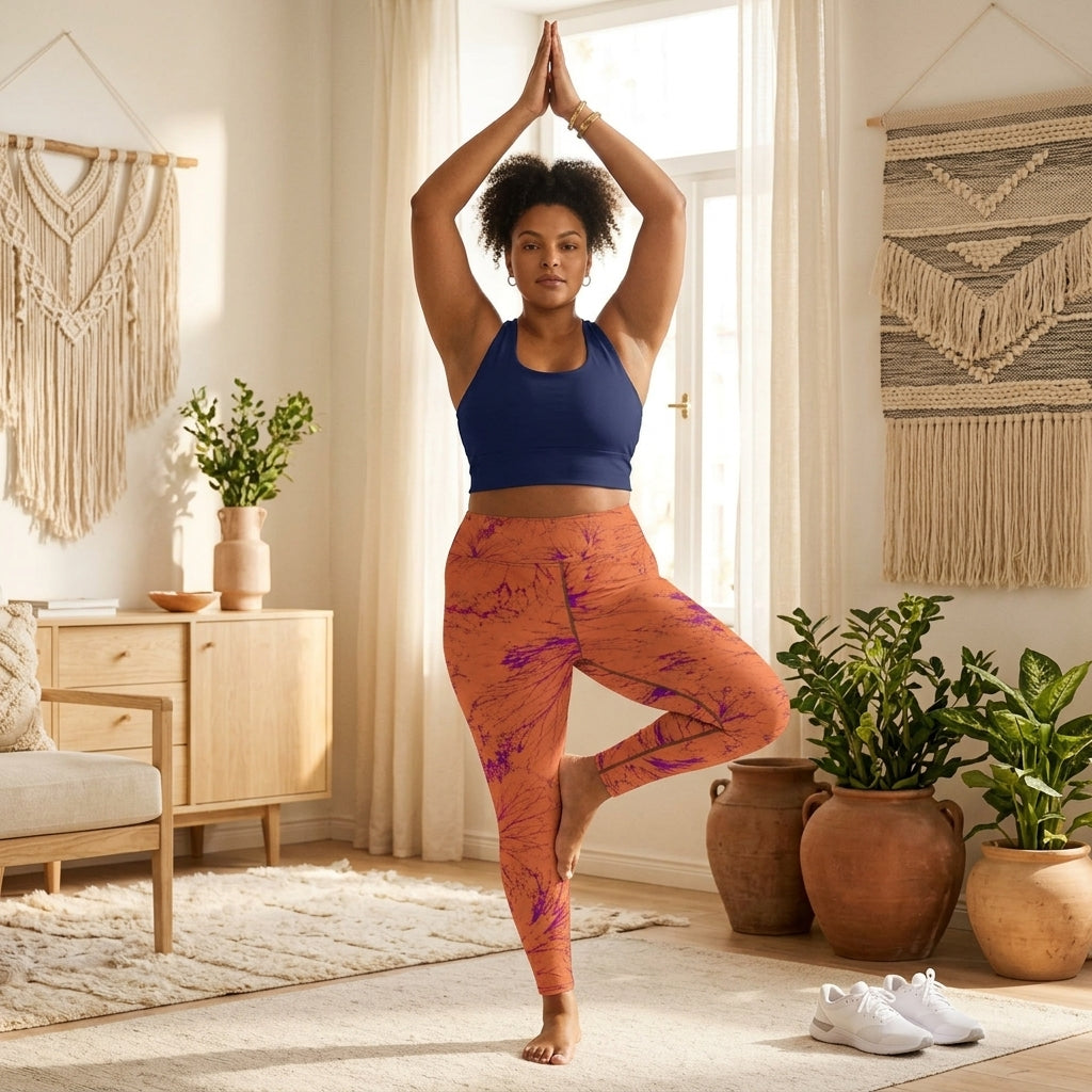 Model performing a tree pose wearing Admire Orange Purple Wing leggings.
