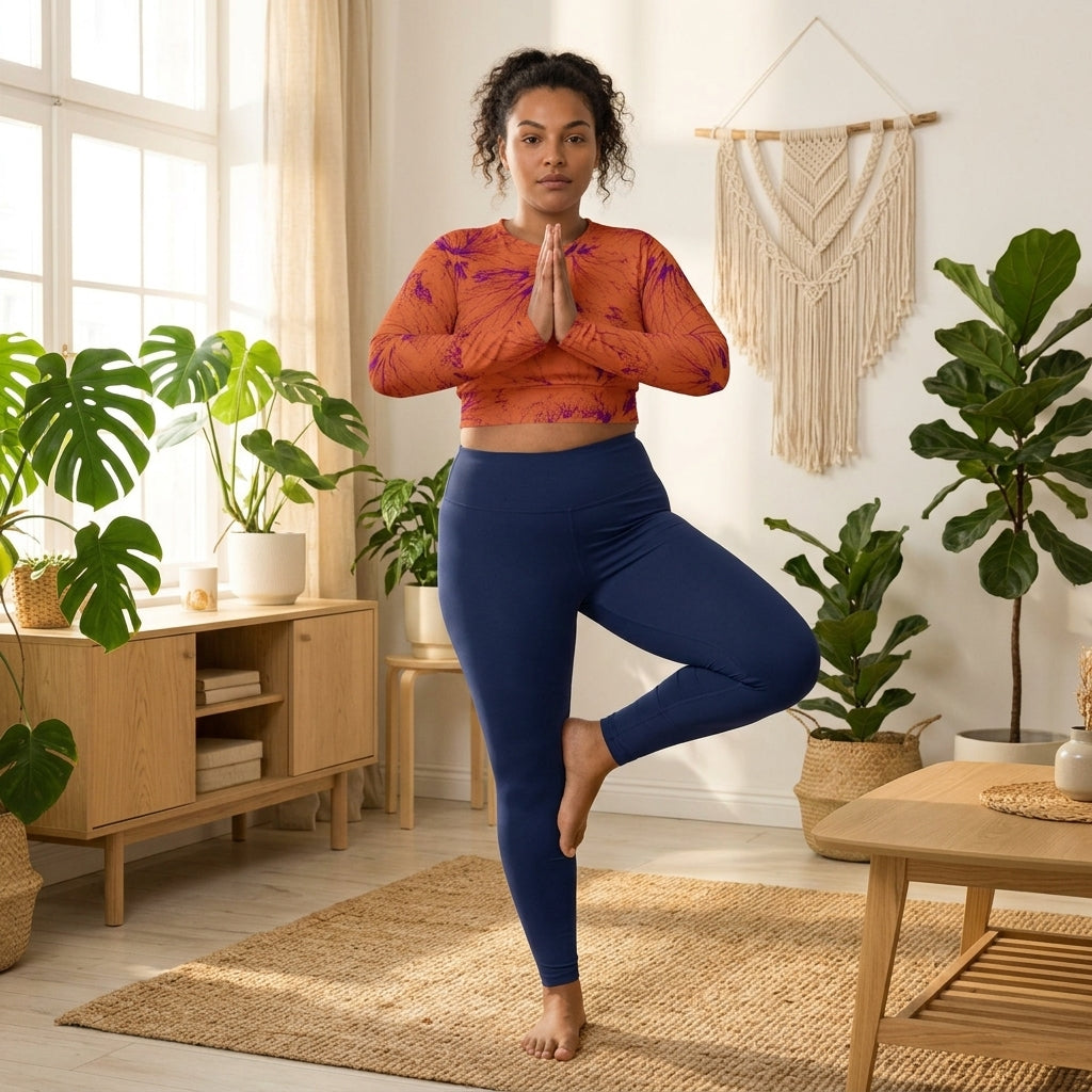Model in tree pose wearing Admire Orange Purple Wing crop top