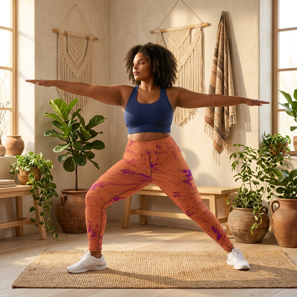 Model performing a warrior II pose wearing Admire Orange Purple Wing leggings.
