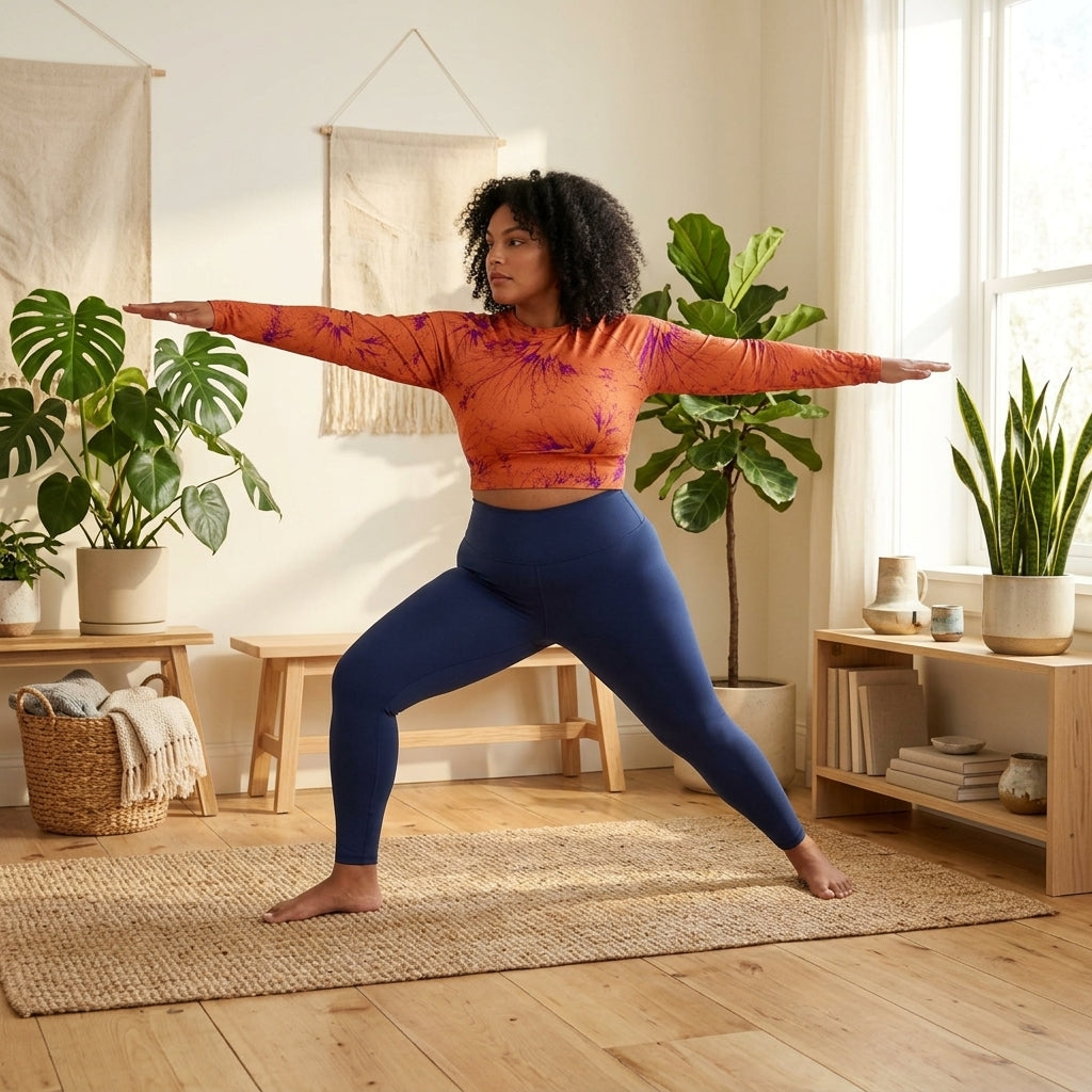 Model in warrior pose wearing Admire Orange Purple Wing crop top