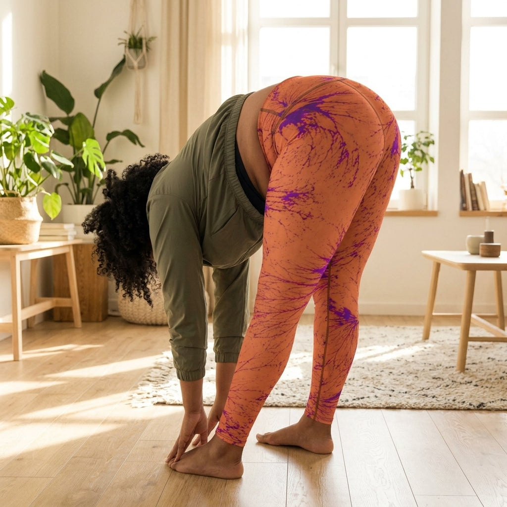 Model performing a yoga forward fold wearing Admire Orange Purple Wing leggings.