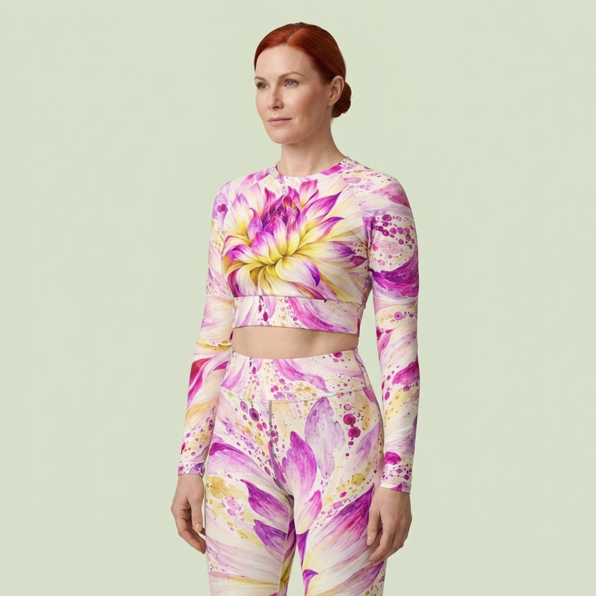 Model wearing the Bold Accent Dahlia set – yoga leggings and long sleeve crop top