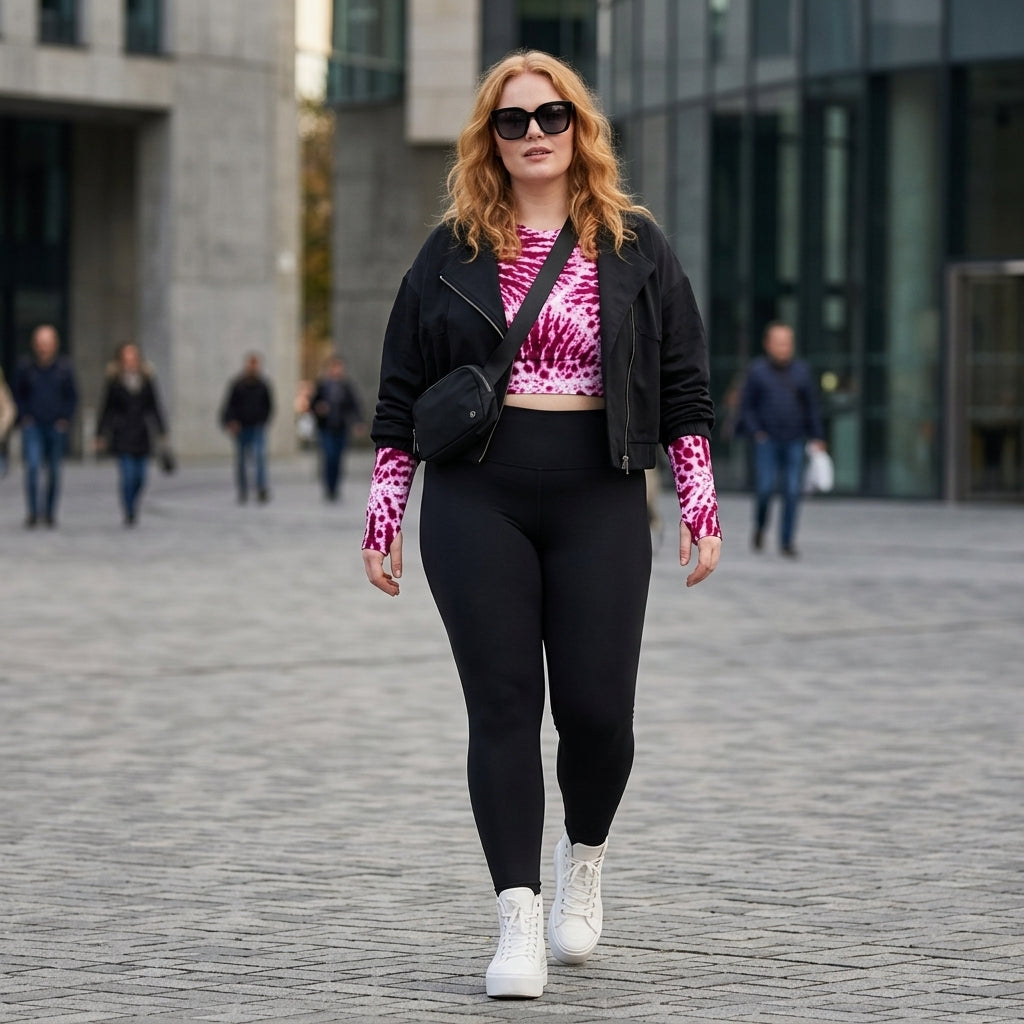 Model wearing Phalaenopsis Orchid (ivory and magenta) long-sleeve crop top.