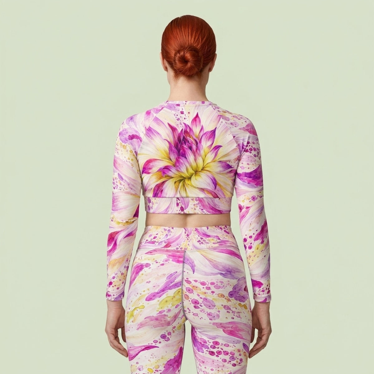 Model wearing the Bold Accent Dahlia set – yoga leggings and long sleeve crop top