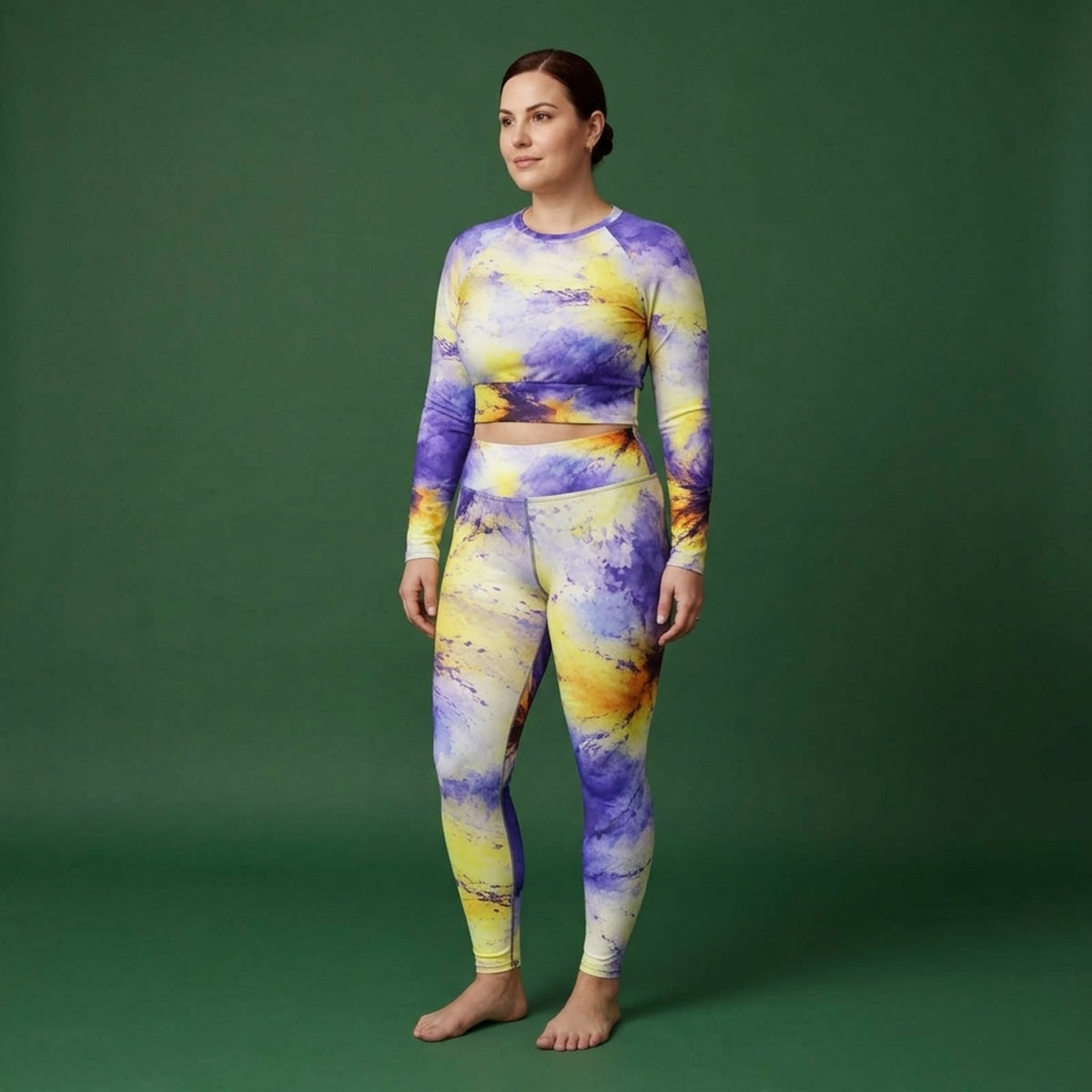 Model wearing the Penny Purple Picotee Viola set – yoga leggings and long sleeve crop top