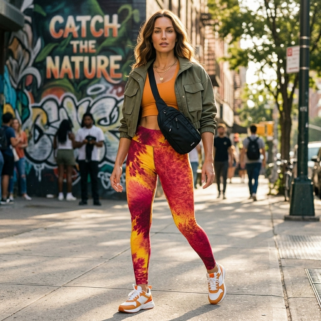 Model wearing Xen Phoenix Orchid leggings (view 2).