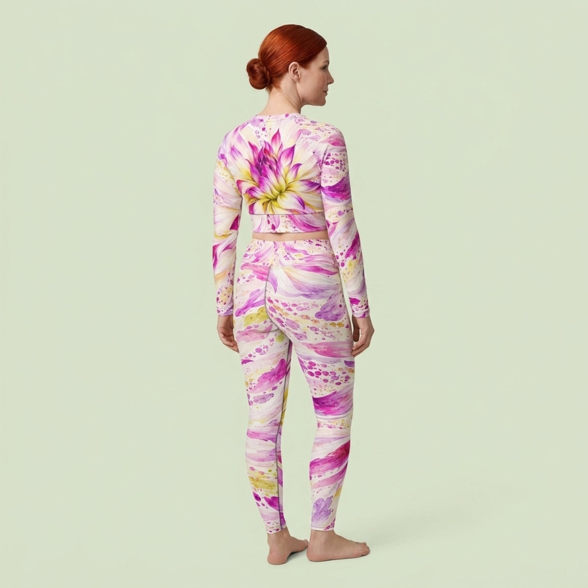 Model wearing the Bold Accent Dahlia set – yoga leggings and long sleeve crop top