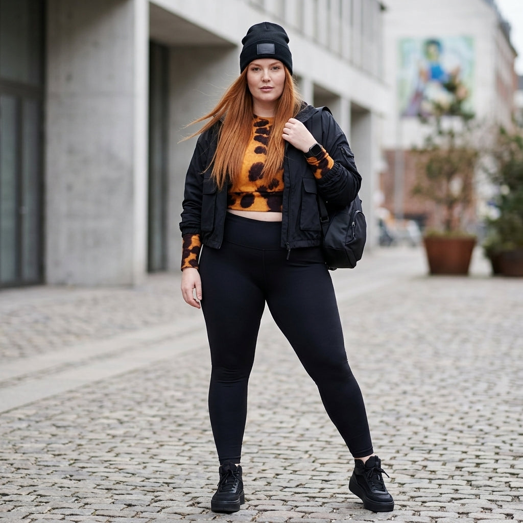Model posing in a street-style shot wearing Tiger Orchid (gold and burgundy) long-sleeve crop top.