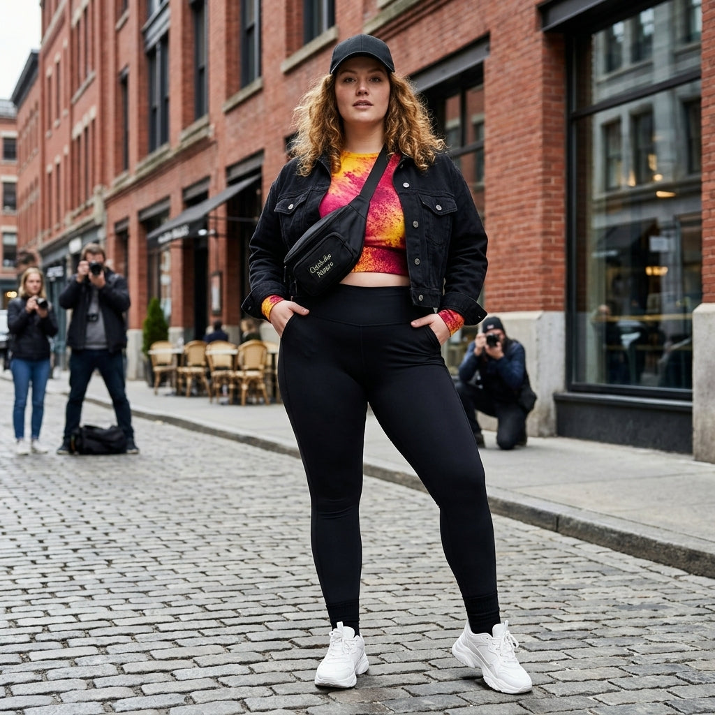 Model posing in a street-style shot wearing Xen Phoenix Orchid long-sleeve crop top.