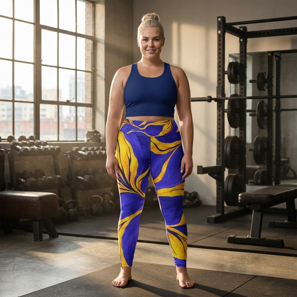 Model wearing purple floral-print leggings in gym