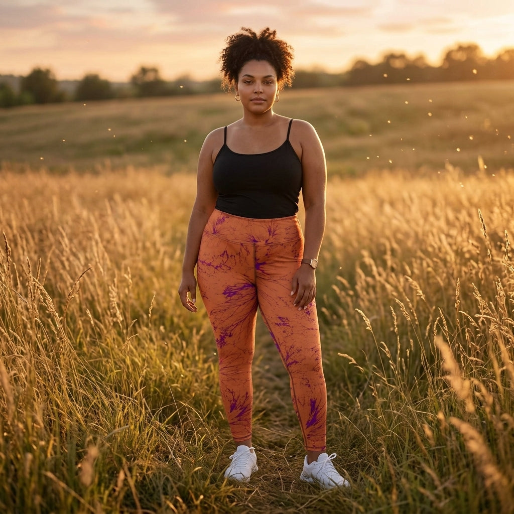 Model standing in grass wearing Admire Orange Purple Wing leggings.