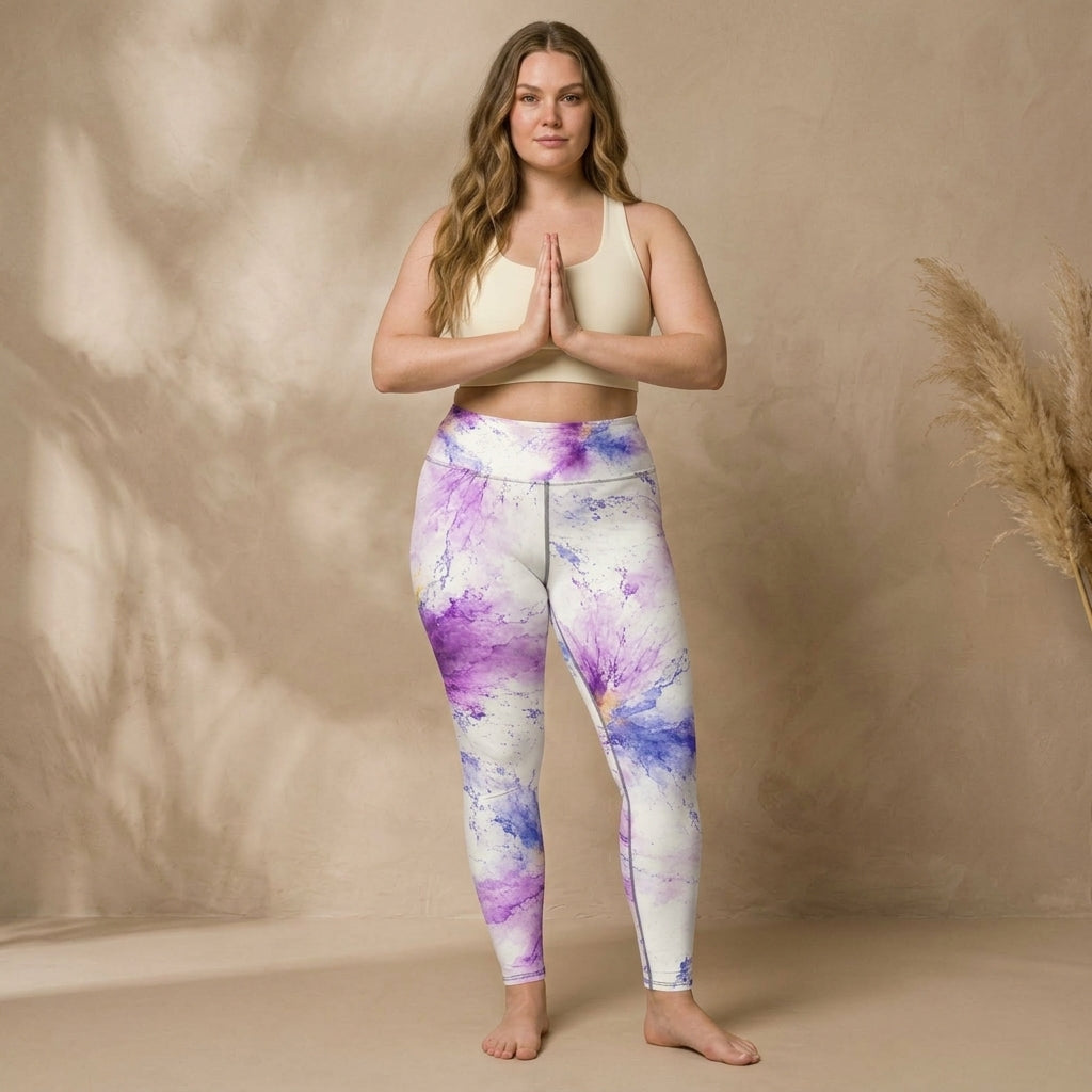 Model standing in a prayer pose wearing Sorbet Pink Halo leggings.