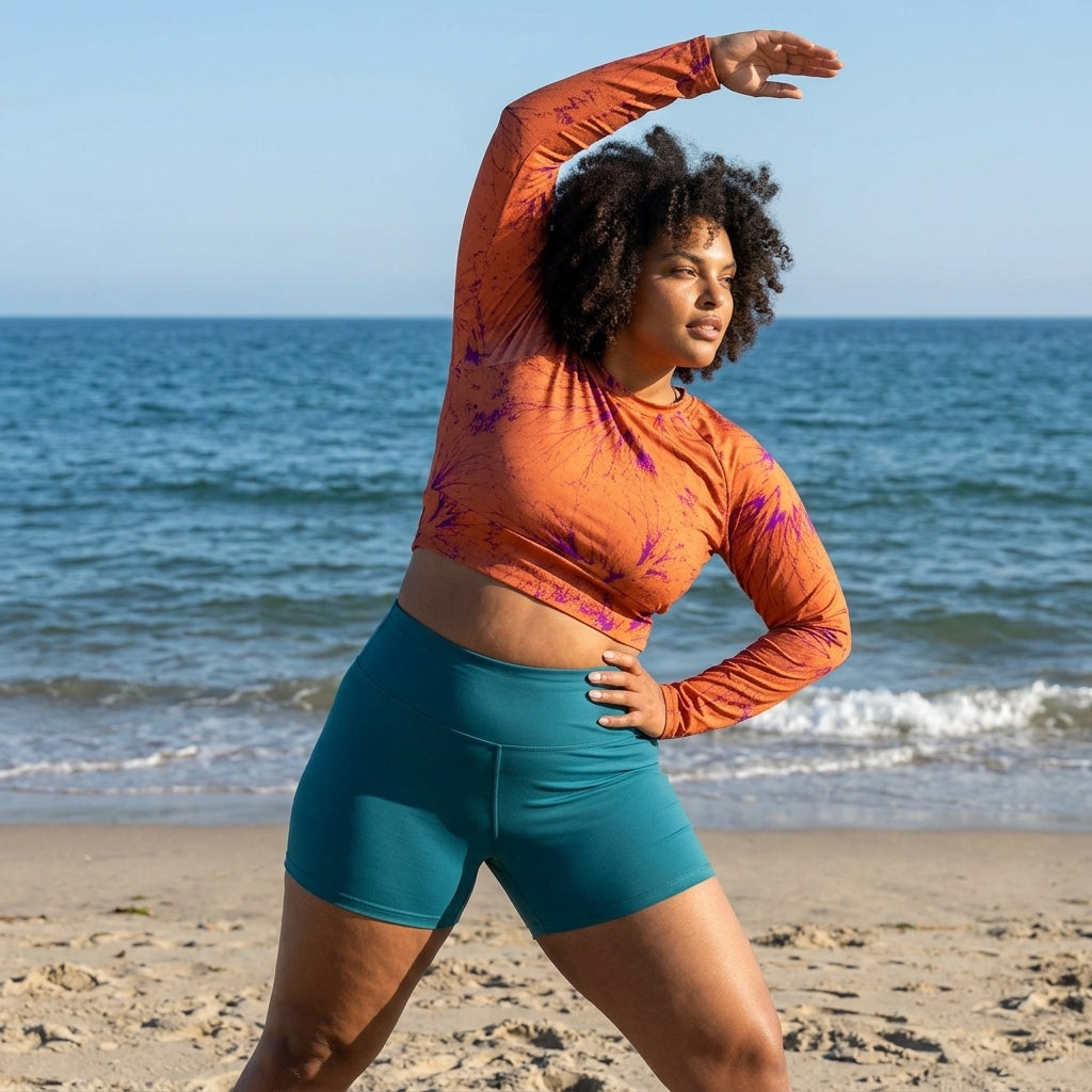 Model stretching at the beach wearing an Admire Orange Purple Wing long-sleeve crop top.