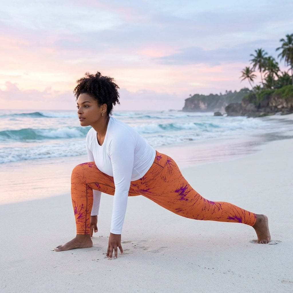 Model stretching on the beach wearing Admire Orange Purple Wing leggings.