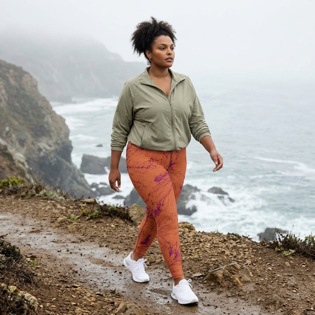 Model walking a coastal cliff path wearing Admire Orange Purple Wing leggings.