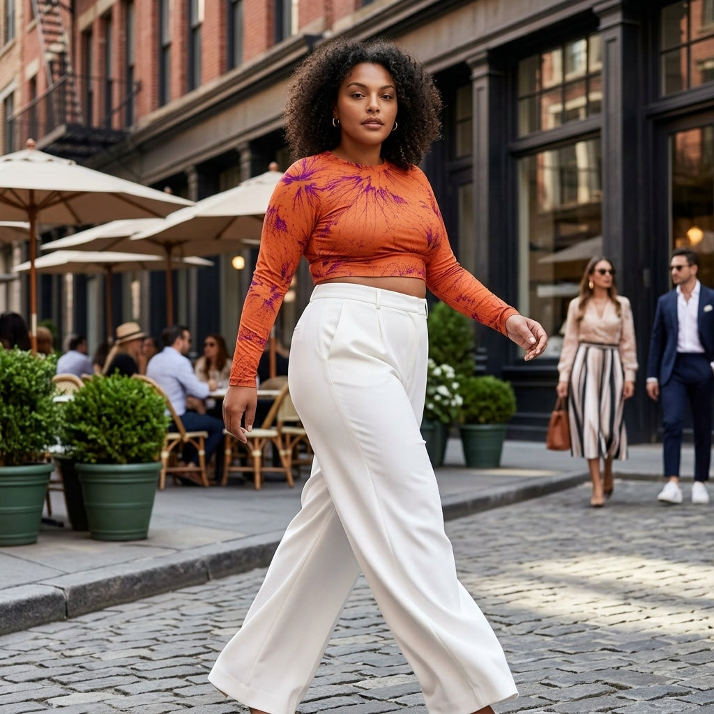 Model walking on a city street wearing an Admire Orange Purple Wing long-sleeve crop top.