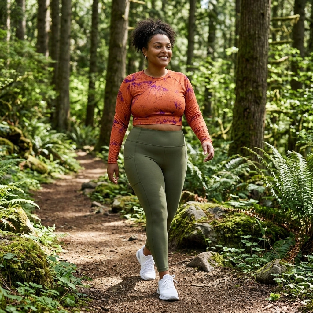 Model walking on a forest path wearing an Admire Orange Purple Wing long-sleeve crop top.