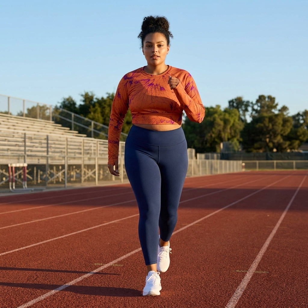 Model walking on an outdoor track wearing an Admire Orange Purple Wing long-sleeve crop top.