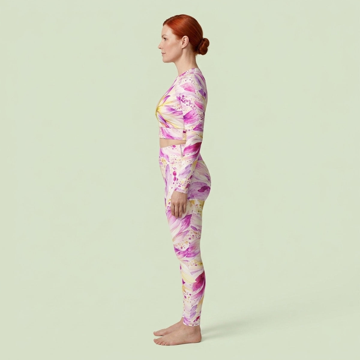 Model wearing the Bold Accent Dahlia set – yoga leggings and long sleeve crop top