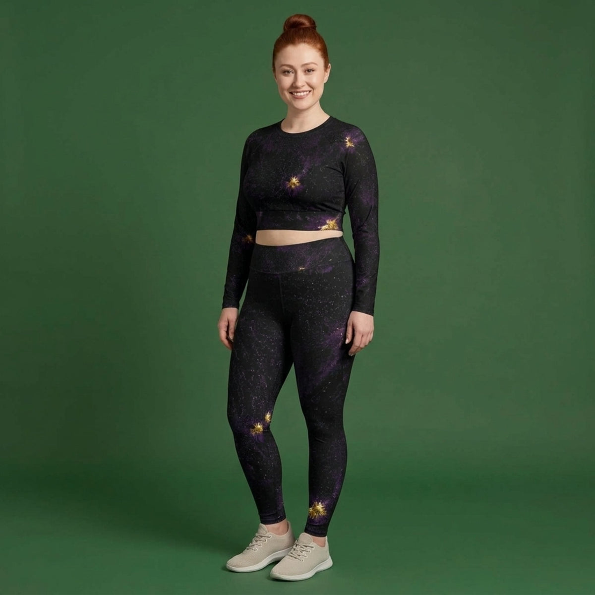 Model wearing the Sorbet Black Delight Viola set – yoga leggings and long sleeve crop top
