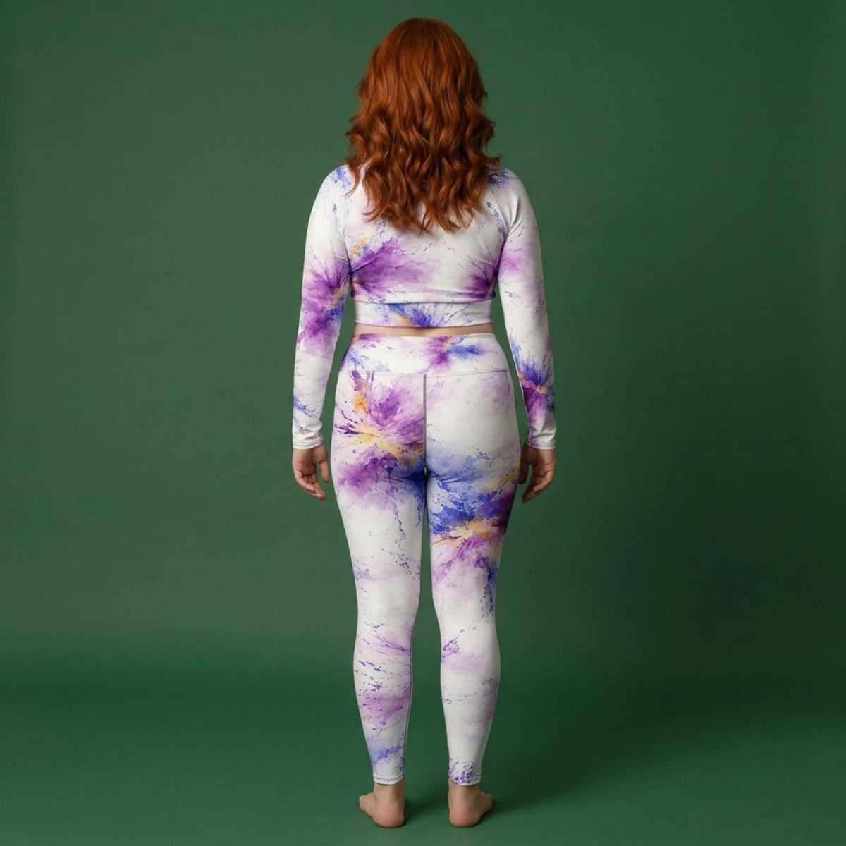 Model wearing the Sorbet Pink Halo Viola set – yoga leggings and long sleeve crop top
