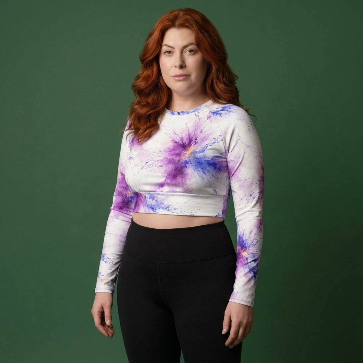 Sorbet Pink Halo Viola Long Sleeve Crop Top – abstract print from the real flower, image 1
