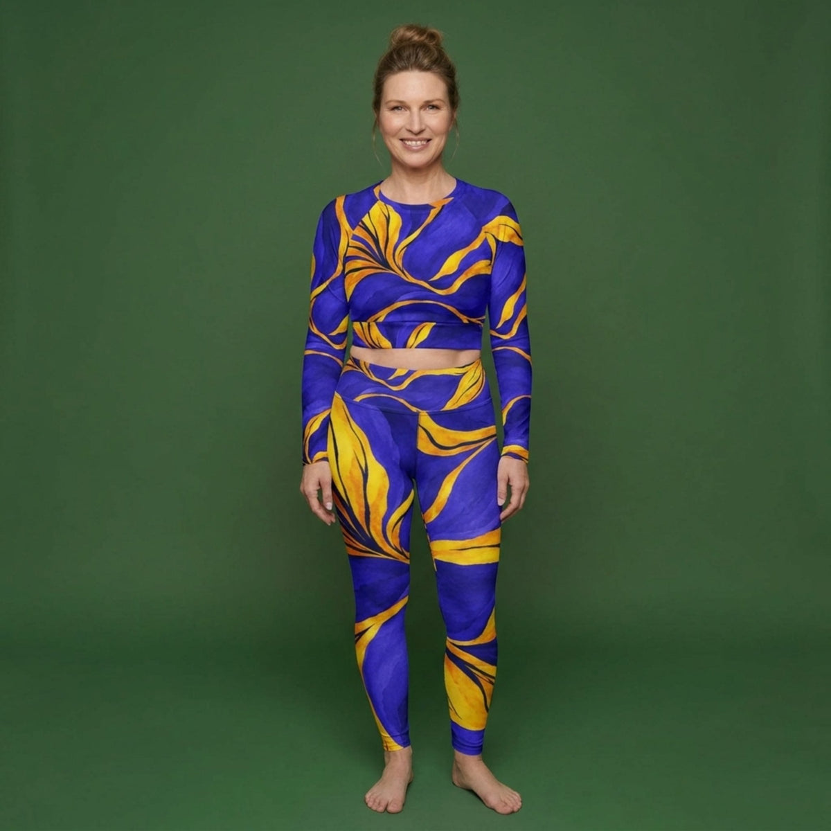Model wearing the Sorbet Morpho Viola set – yoga leggings and long sleeve crop top