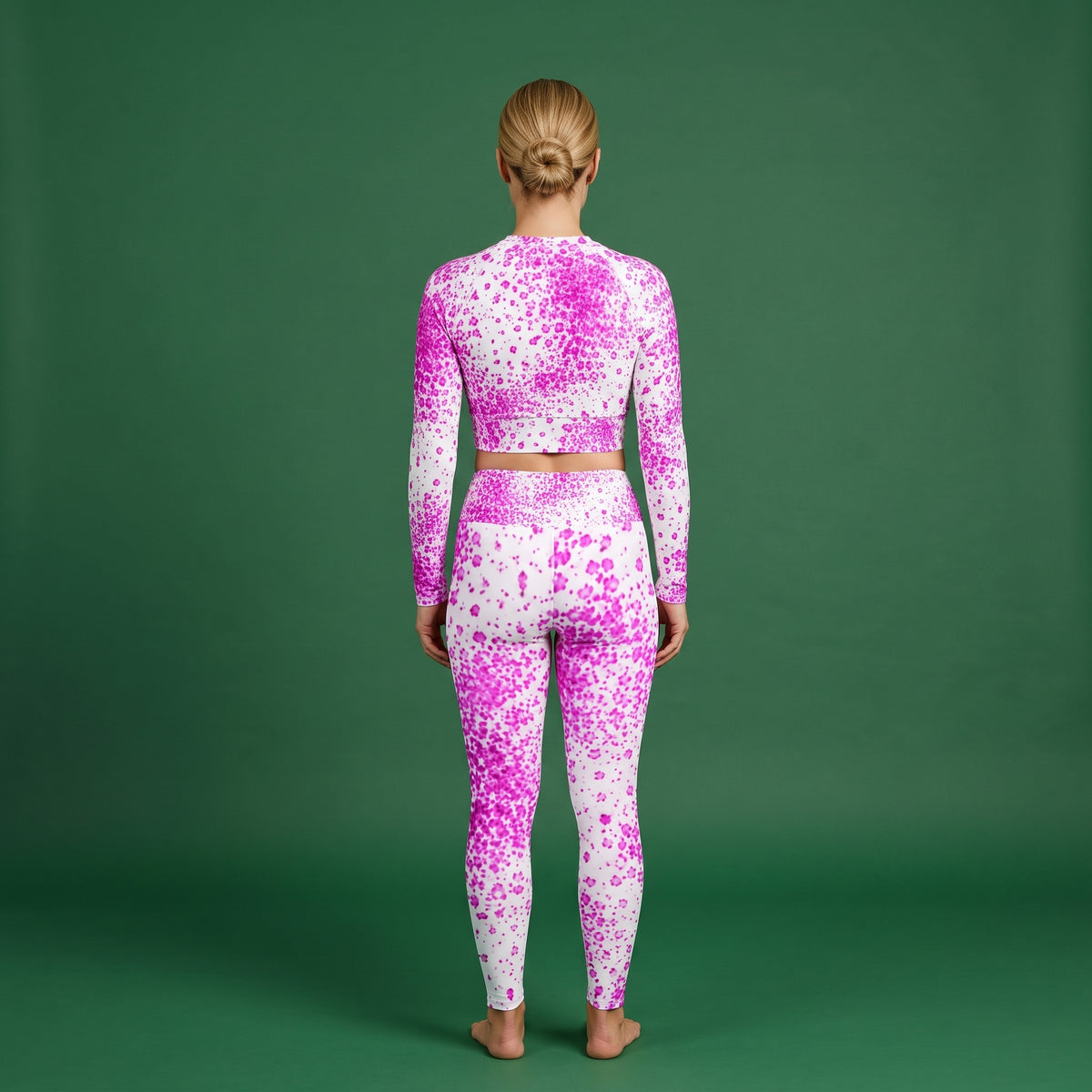 Model wearing the Pale Face Clown Orchid set – yoga leggings and long sleeve crop top