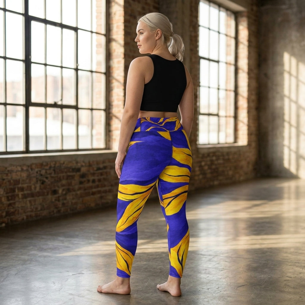 Model wearing purple floral-print activewear leggings, alternate view