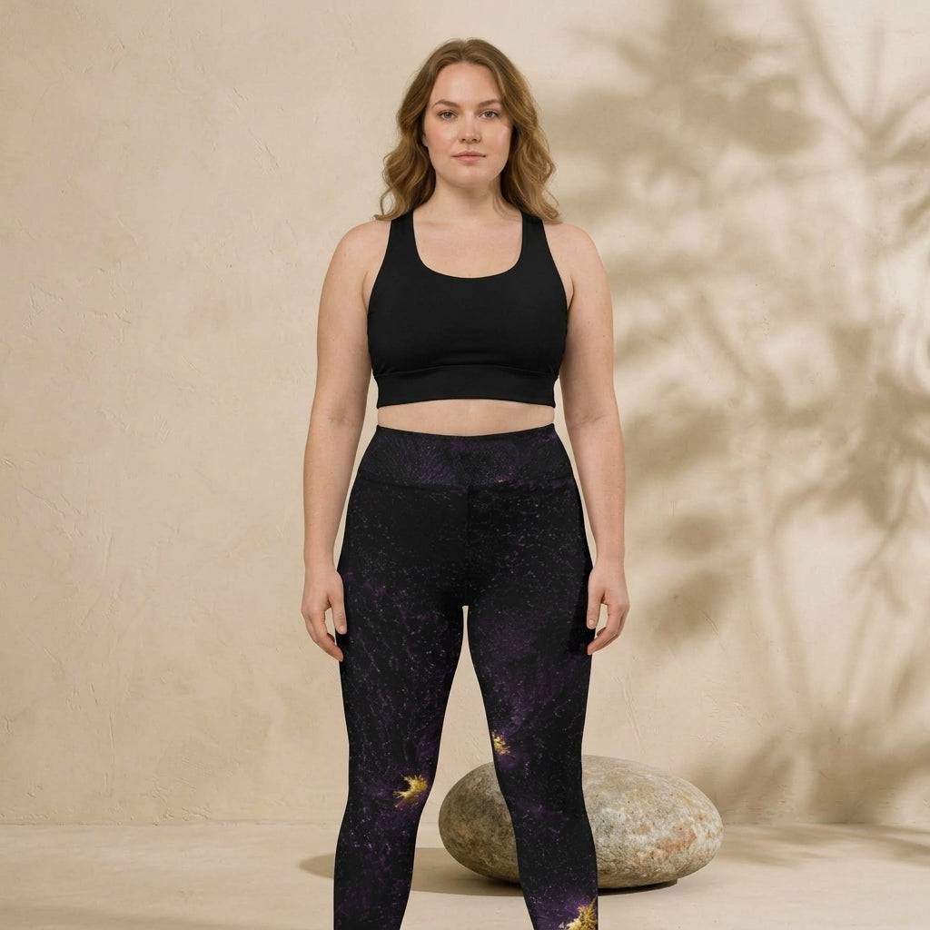 Model wearing black activewear leggings