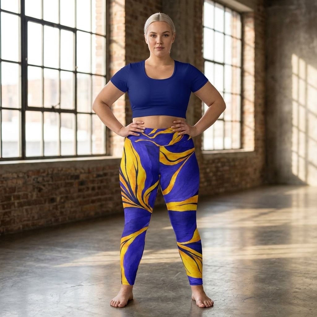 Model wearing purple floral-print activewear leggings