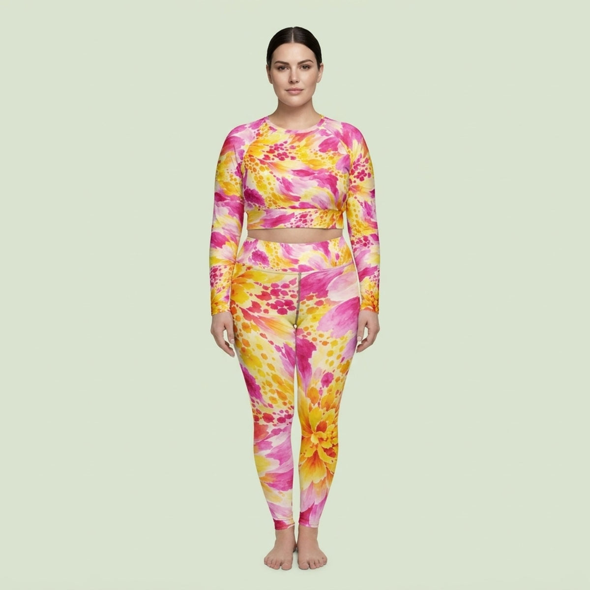 Model wearing Labyrinth Dahlia print long-sleeve crop top matched with the leggings