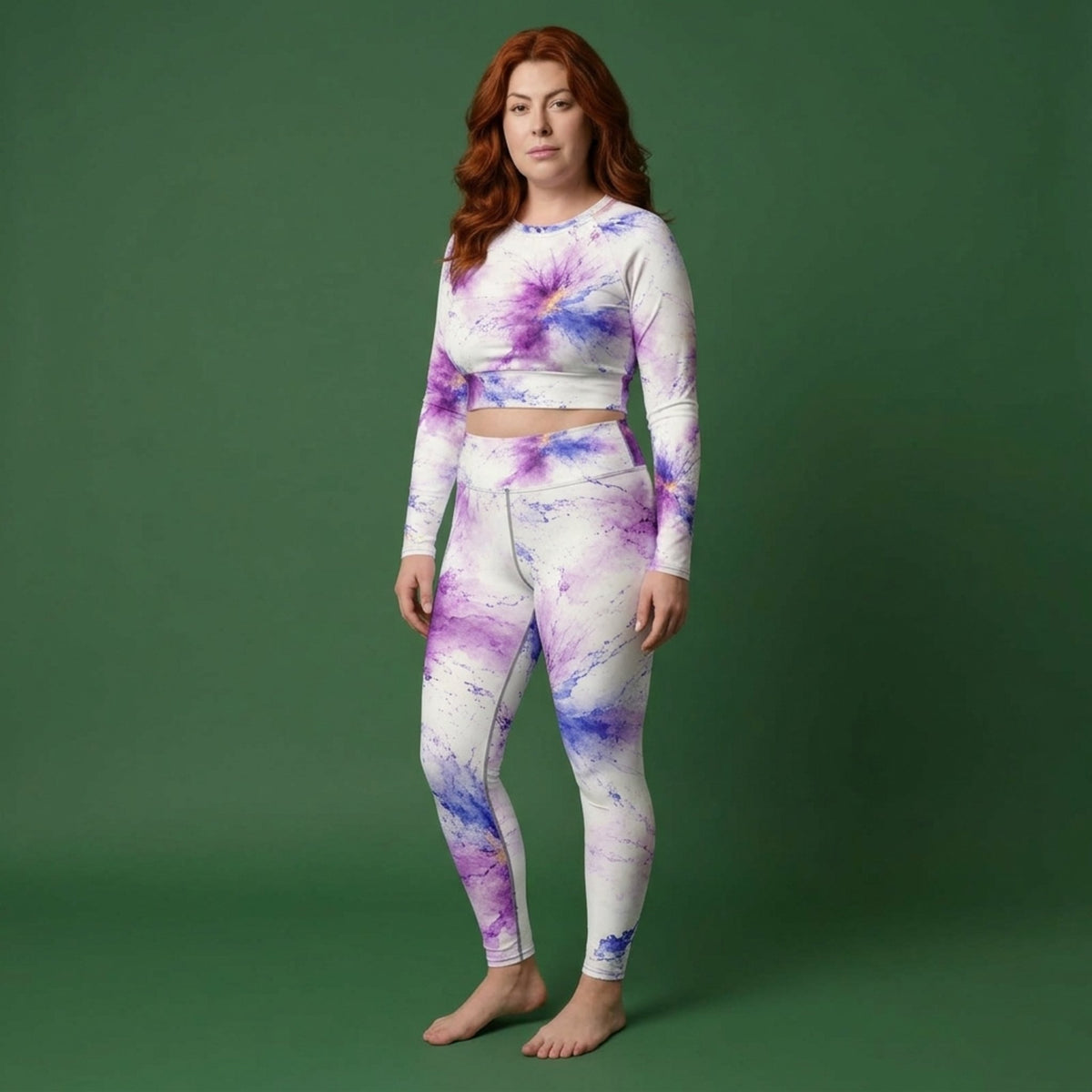 Model wearing the Sorbet Pink Halo Viola set – yoga leggings and long sleeve crop top