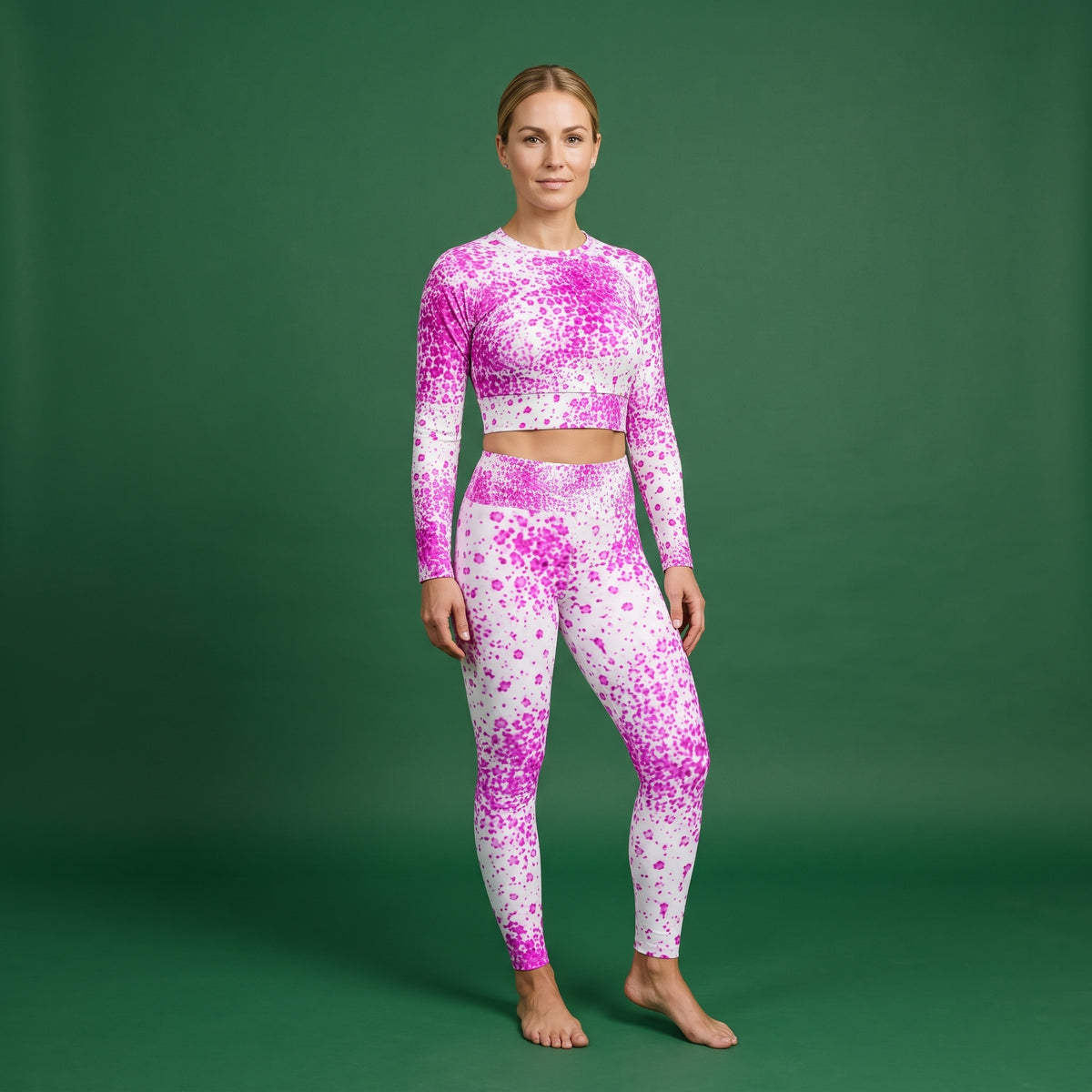 Model wearing the Pale Face Clown Orchid set – yoga leggings and long sleeve crop top
