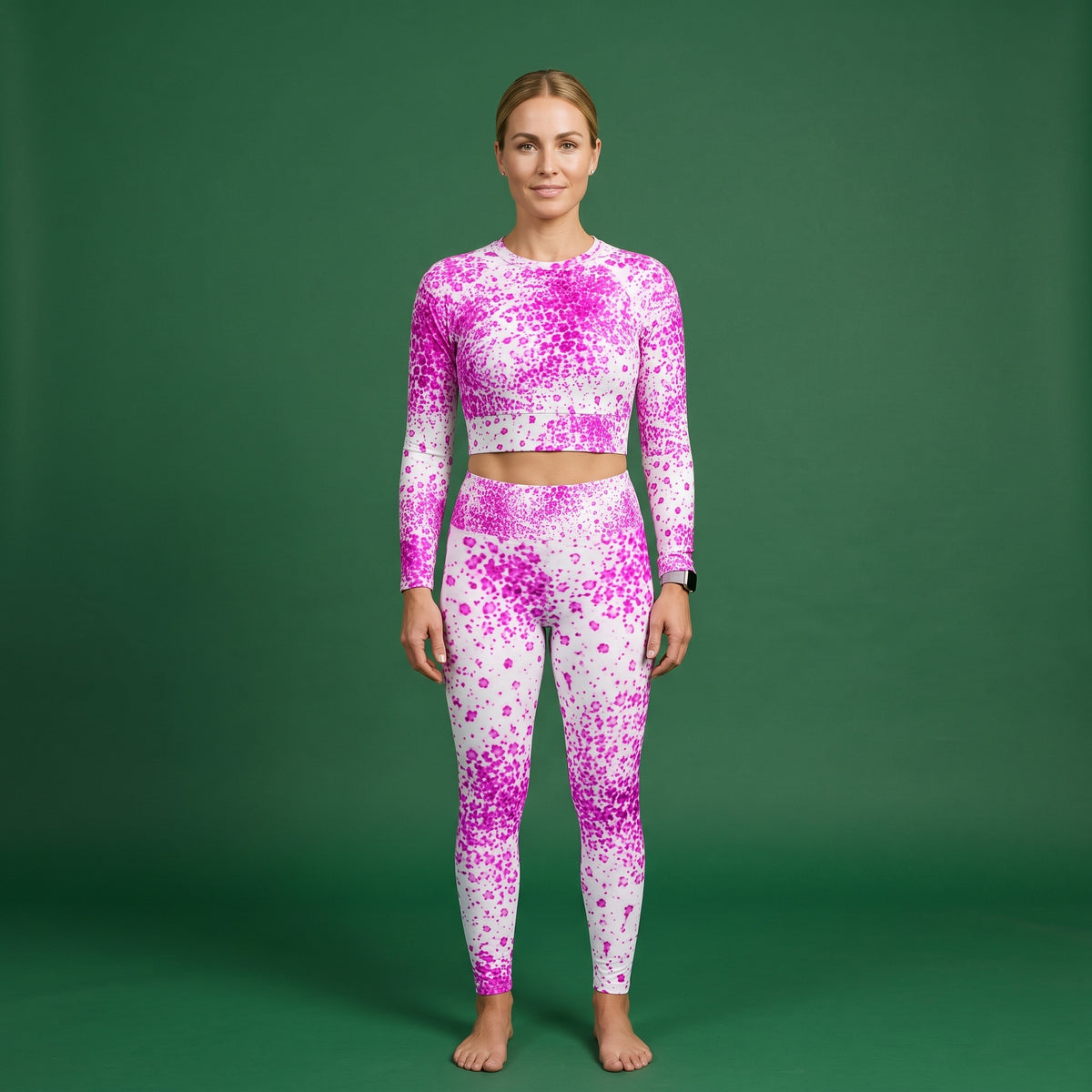 Model wearing the Pale Face Clown Orchid set – yoga leggings and long sleeve crop top
