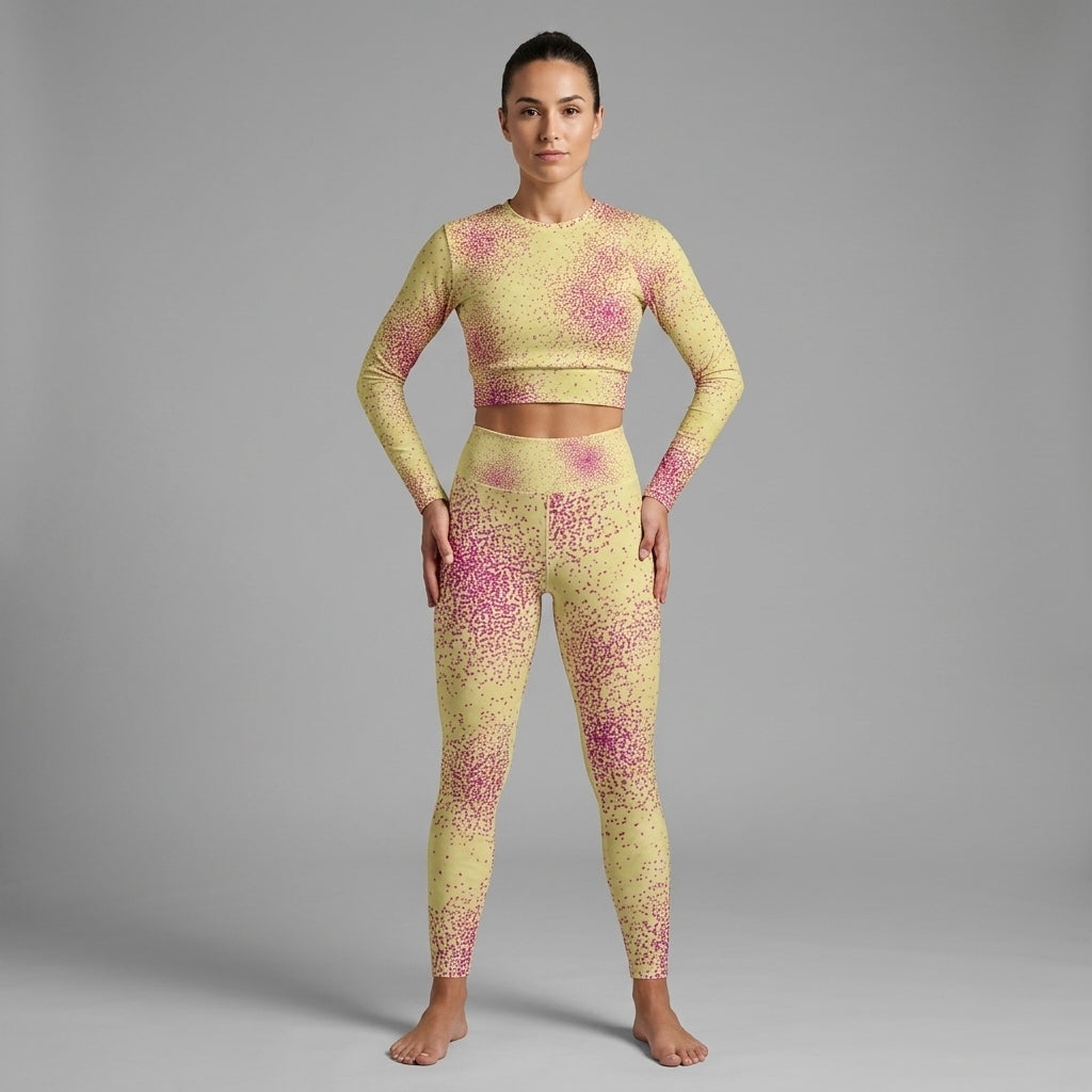 Model wearing Dust Bunny Orchid (deep burgundy) leggings (view 2).