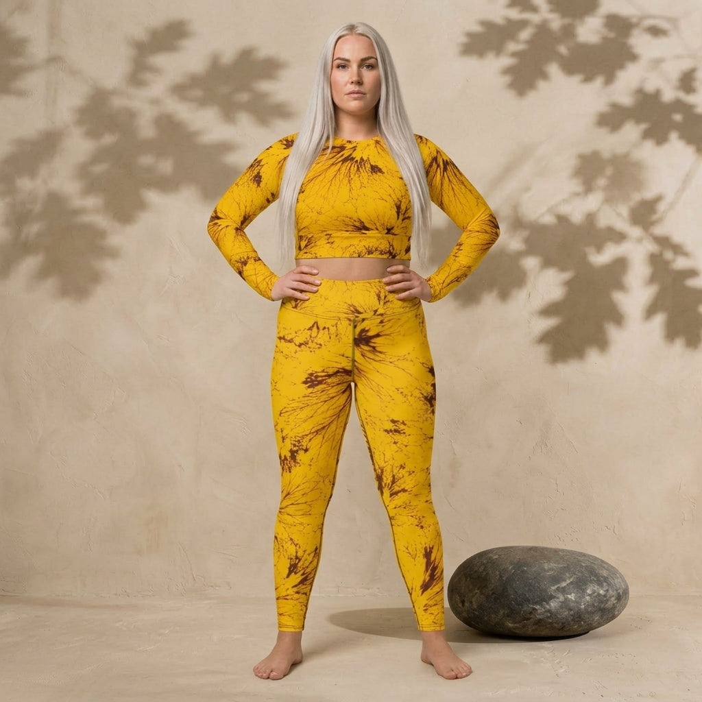Model wearing a matching activewear set in the Sorbet Honeybee print.