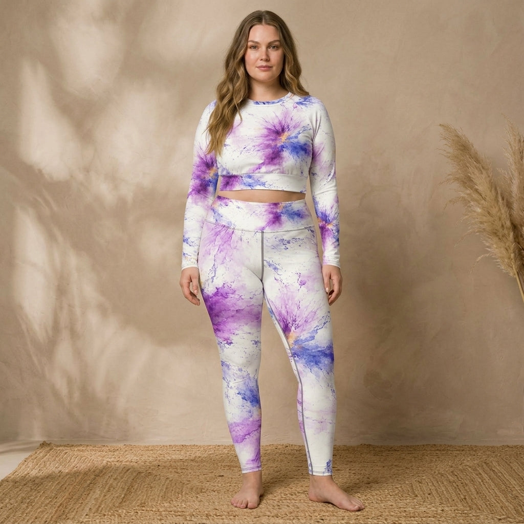 Model wearing a matching activewear set in the Sorbet Pink Halo print.
