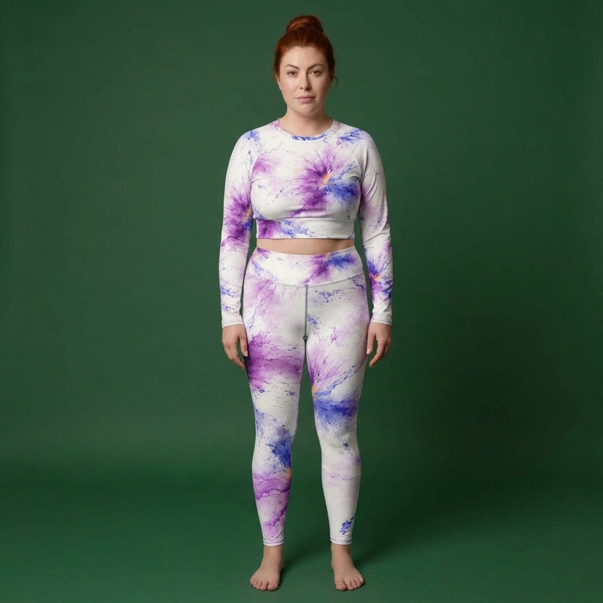 Model wearing the Sorbet Pink Halo Viola set – yoga leggings and long sleeve crop top