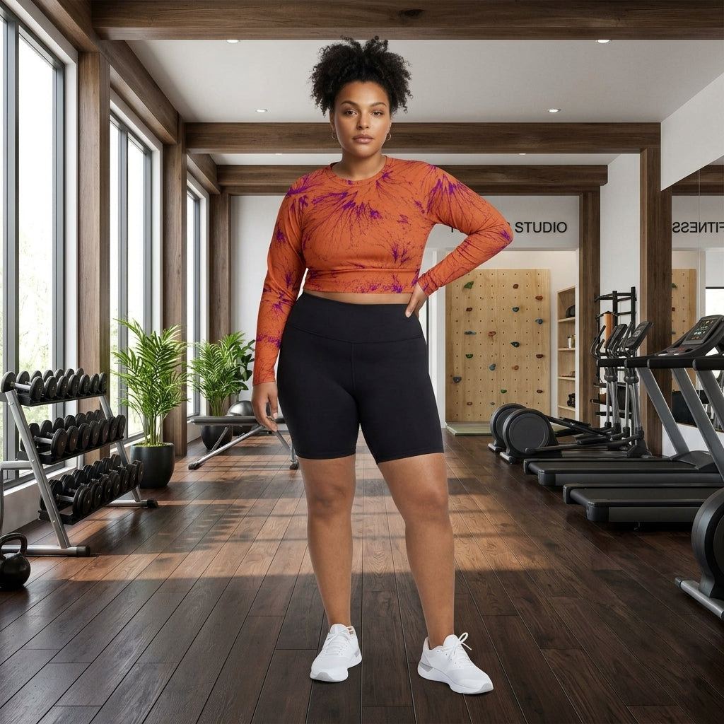 Model wearing an Admire Orange Purple Wing athletic crop top.