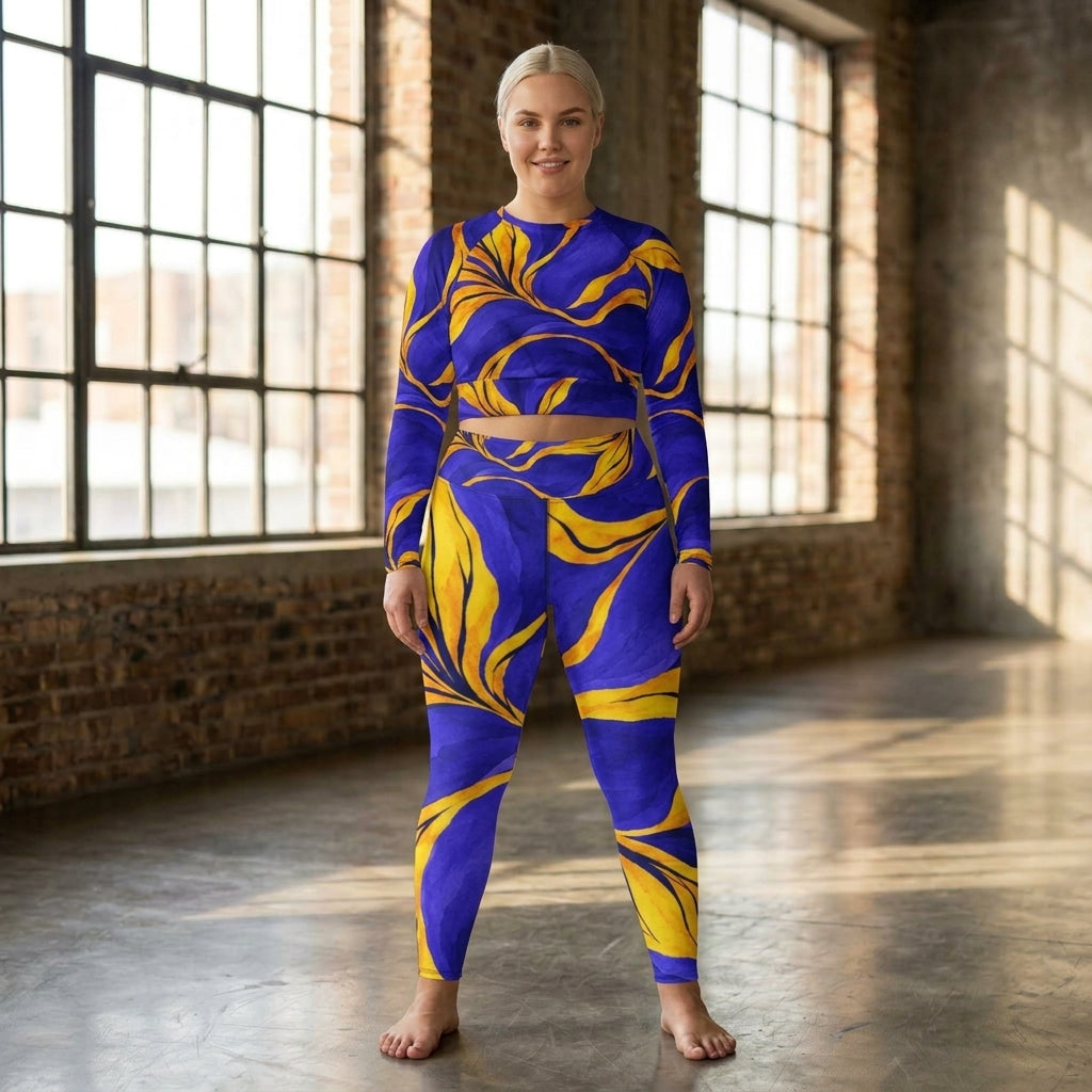 Model wearing blue and yellow activewear set