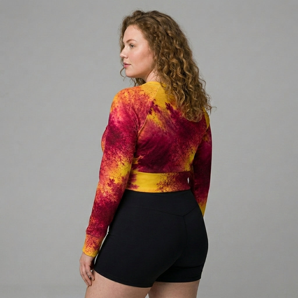 Model wearing Xen Phoenix Orchid long-sleeve crop top.