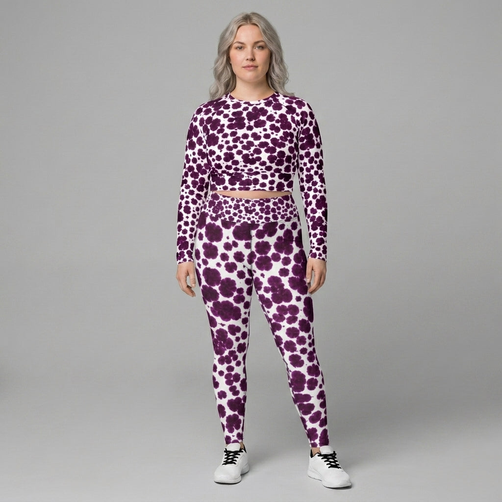 Model wearing Lioulin Wild Cat Orchid (burgundy and cream) long-sleeve crop top.