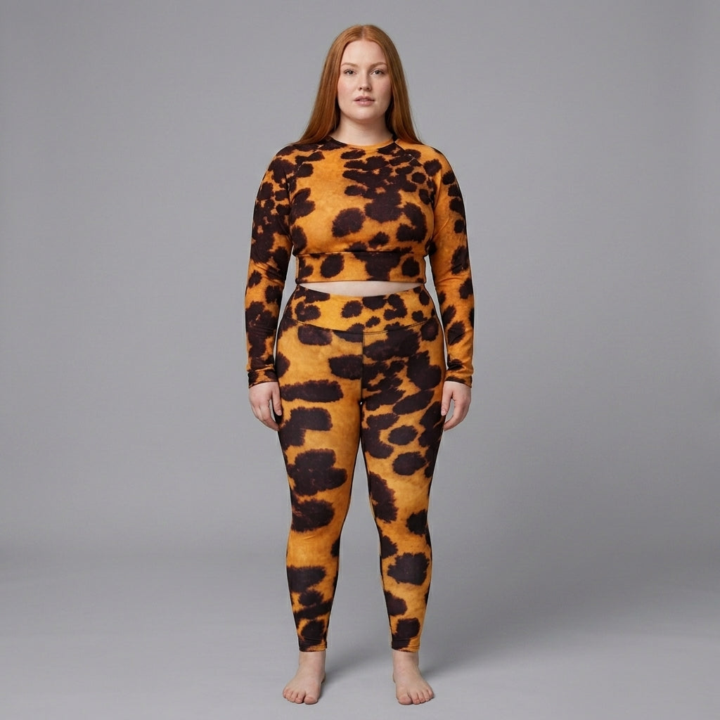 Model wearing Tiger Orchid (gold and burgundy) long-sleeve crop top (view 3).
