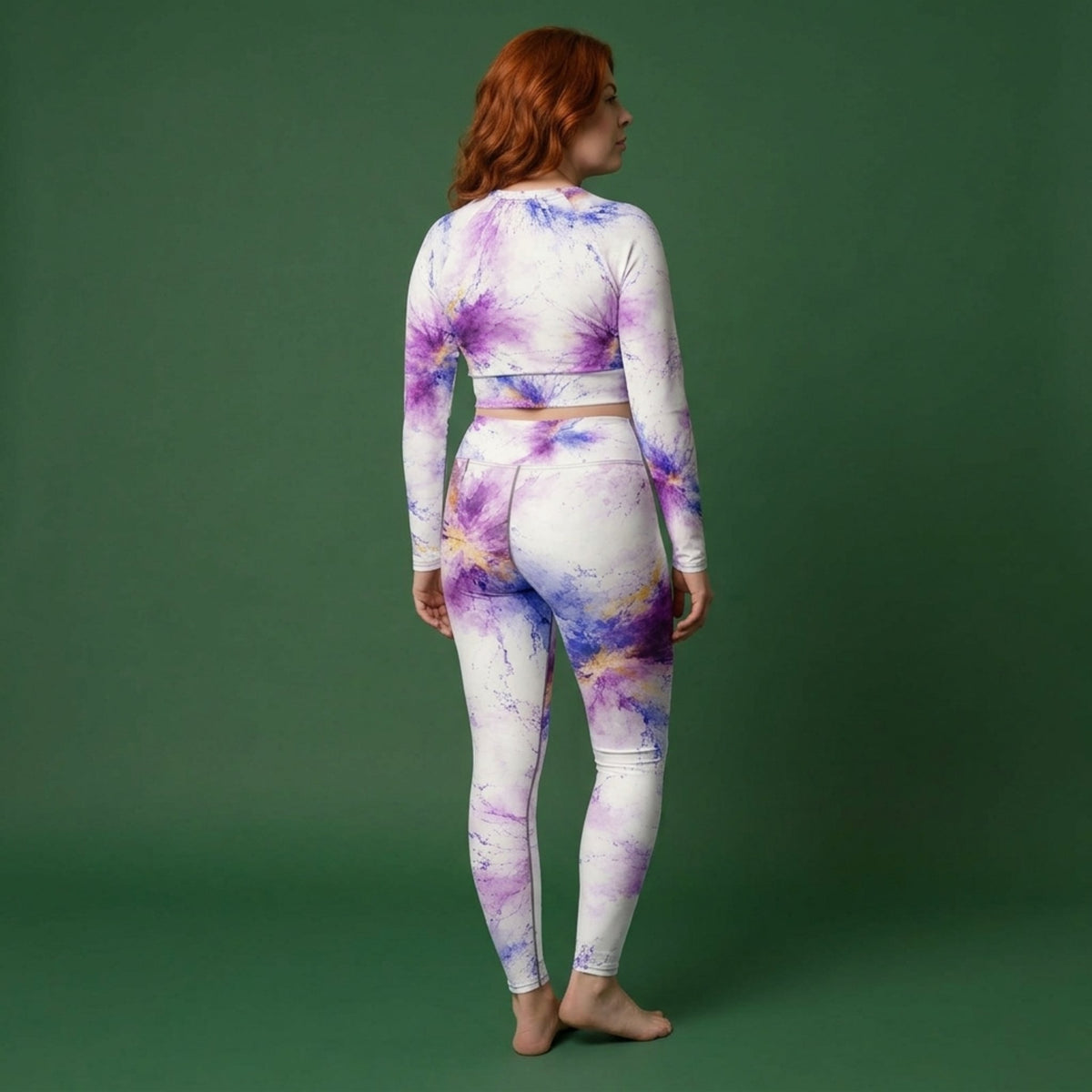 Model wearing the Sorbet Pink Halo Viola set – yoga leggings and long sleeve crop top