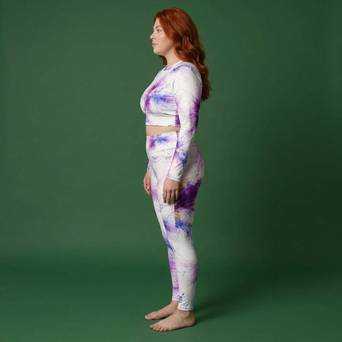Model wearing the Sorbet Pink Halo Viola set – yoga leggings and long sleeve crop top