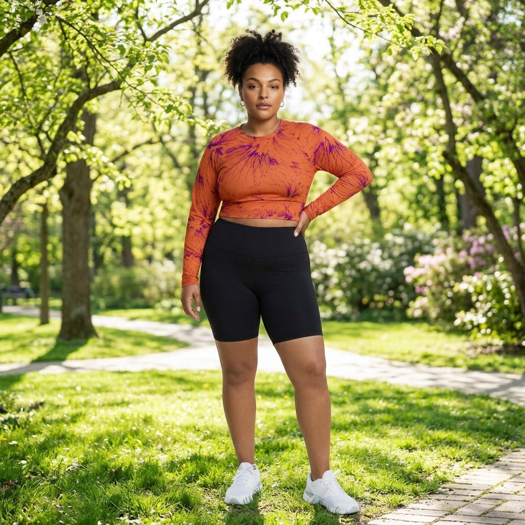 Model wearing an Admire Orange Purple Wing crop top.