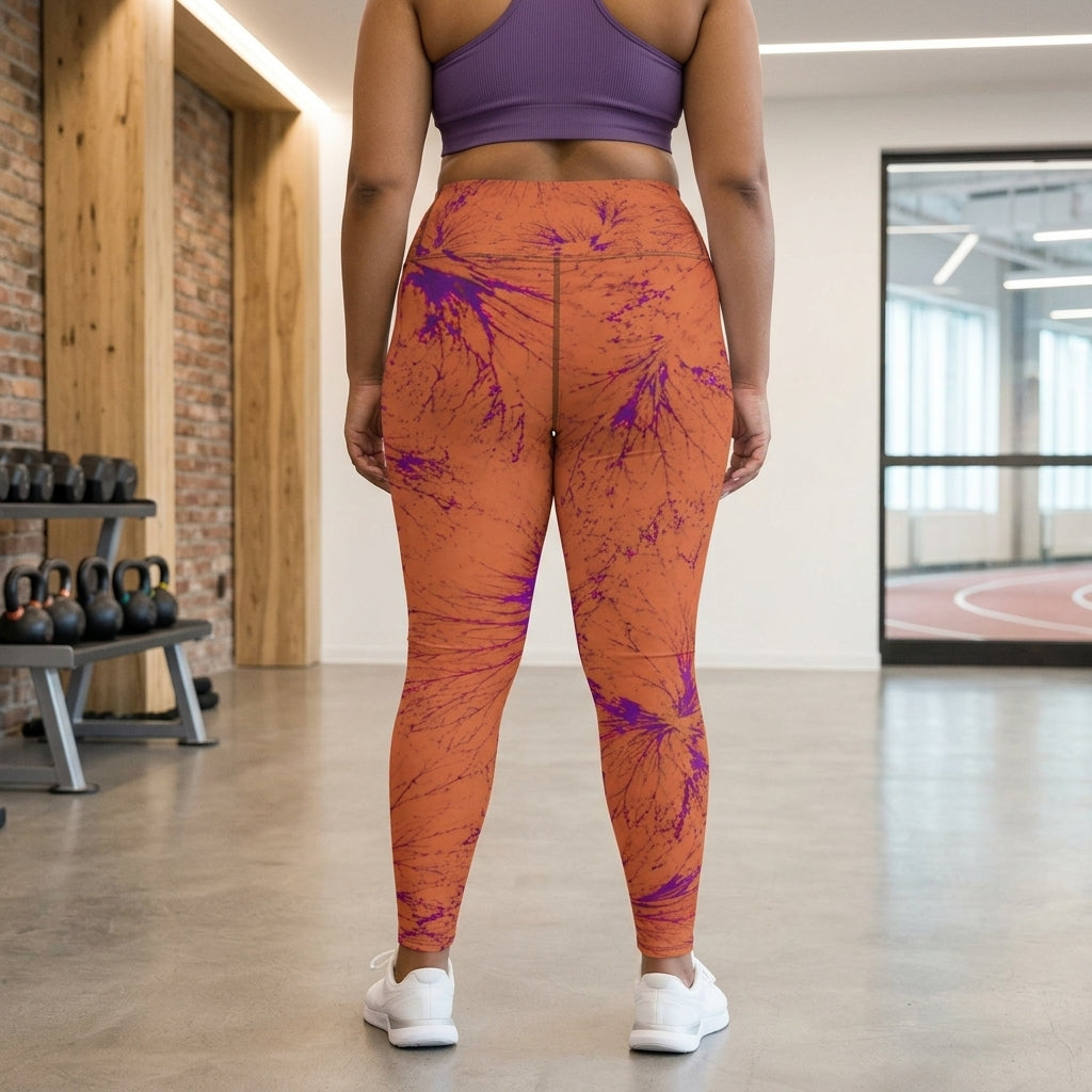 Model wearing Admire Orange Purple Wing patterned leggings.