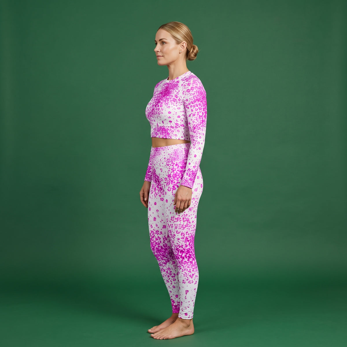 Model wearing the Pale Face Clown Orchid set – yoga leggings and long sleeve crop top